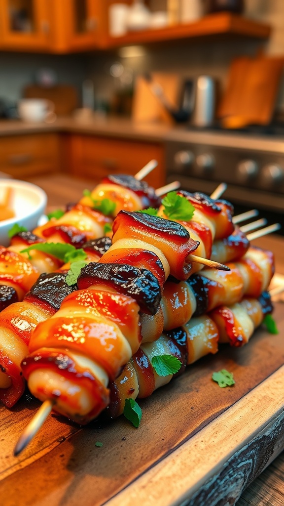 Bacon-wrapped guest 666 skewers on a rustic wooden board, garnished with herbs.